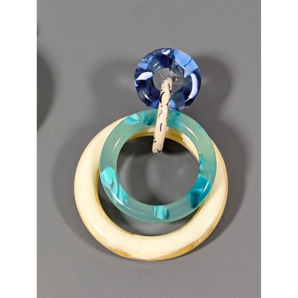 Lele Sadoughi Double Ring Drop Earrings Blue Green Oversized MINT - Picture 5 of 7